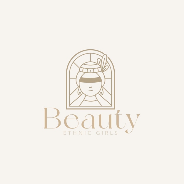Ilustración de vector de logotipo de chicas étnicas de belleza con concepto de estilo de arte de línea dorada