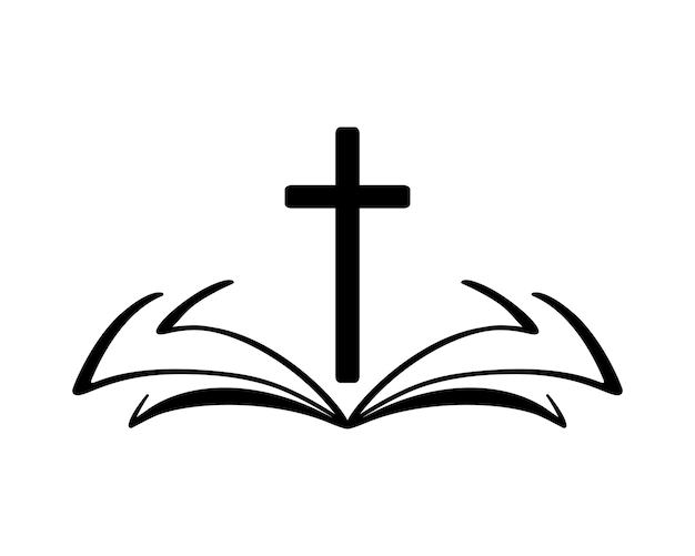 Ilustración de vector de logotipo cristiano. Emblema con Cruz y Santa Biblia. Comunidad Religiosa. Elemento de diseño para cartel.