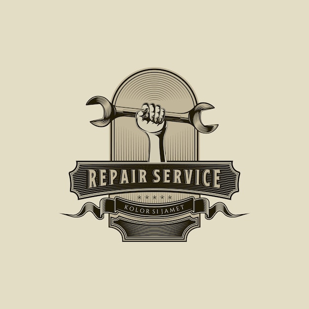 Ilustración de vector de logotipo mecánico en concepto de logotipo de servicio de reparación de automóviles de estilo vintage logotipo vintage dibujado a mano para taller de servicio automotriz taller mecánico de servicio de reparación