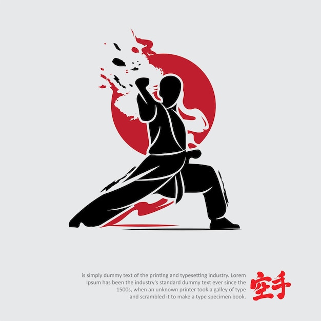 Ilustración de vector de logotipo de silueta de artes marciales Palabra extranjera debajo del objeto significa KARATE