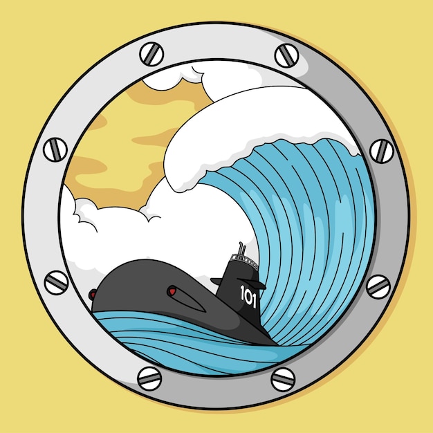 Ilustración de vector de logotipo submarino con fondo de ondas