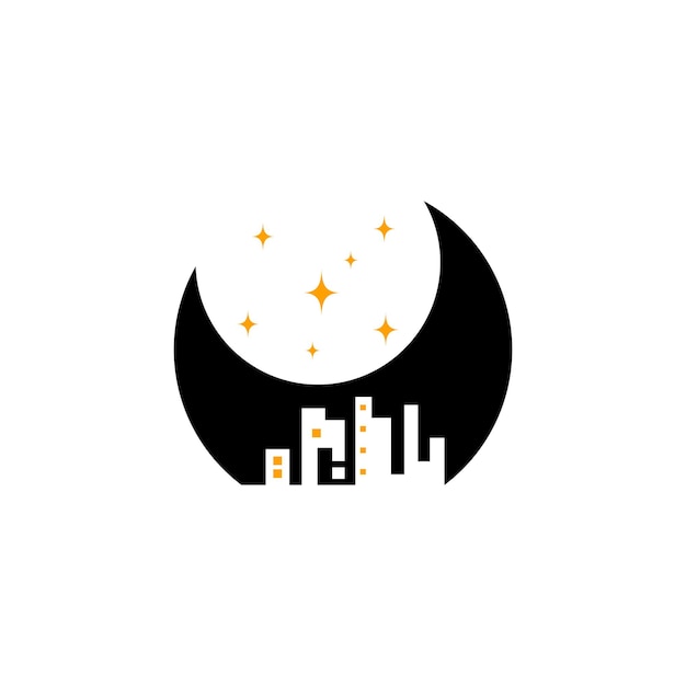 Ilustración de vector de logotipo de vista de ciudad en la noche con fondo de luna creciente y estrellas Logotipo de luna con silueta de rascacielos