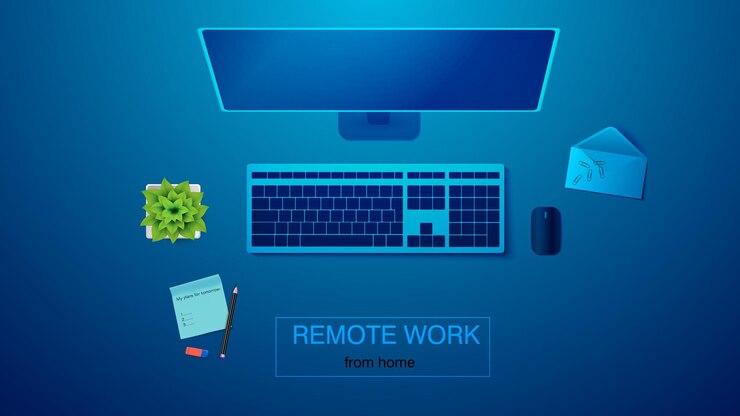 Vector ilustración de vector de un lugar de trabajo para trabajo remoto. monitor, teclado con ratón, sobre, smartphone, flor en maceta. eps 10.