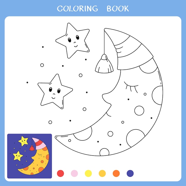 Ilustración de vector de luna linda en gorro de dormir y estrellas para colorear libro