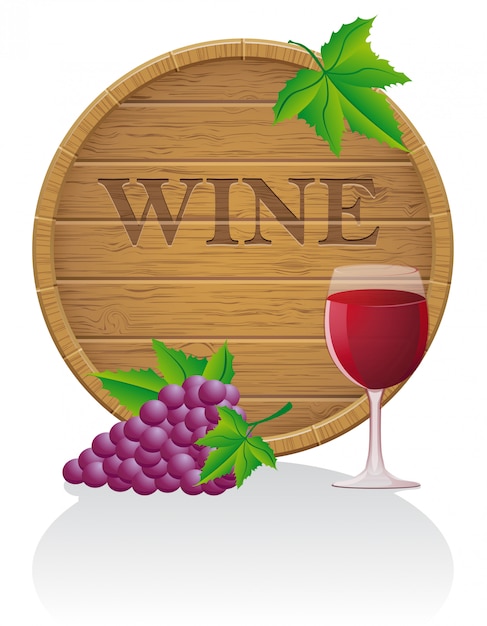 Ilustración de vector de madera barril de vino y vidrio