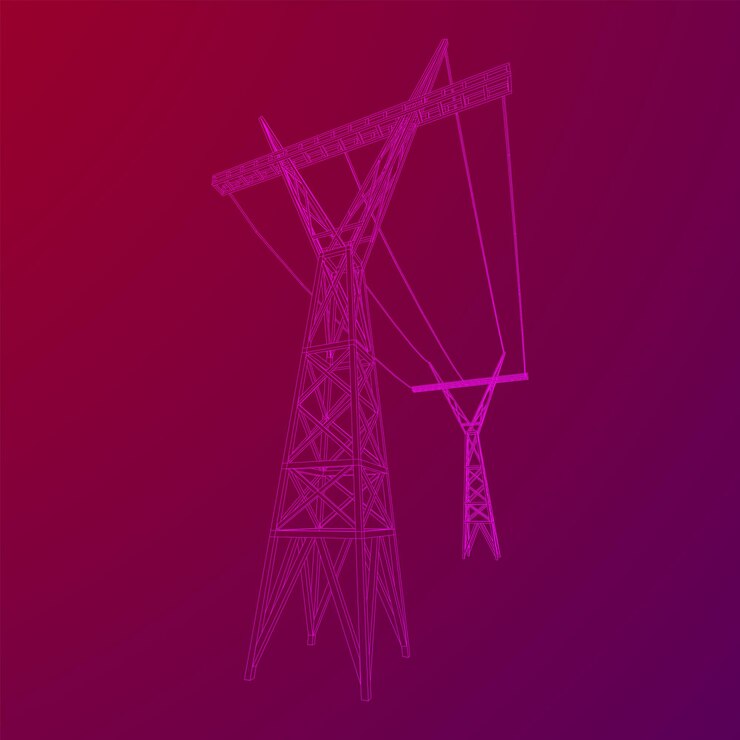 Vector ilustración de vector de malla de baja poli de estructura metálica de pilón de alto voltaje de torre de transmisión de energía