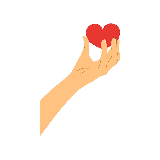 Ilustración de vector de mano sosteniendo un corazón en estilo dibujado a mano de dibujos animados. Concepto de San Valentín, amor, relaciones.