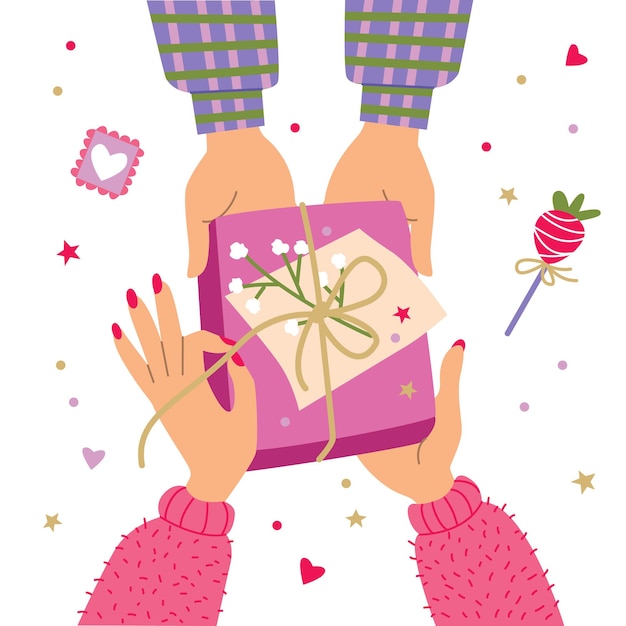 Ilustración de vector con manos y regalo. Envoltura de caja de regalo preparándose para el día de San Valentín.