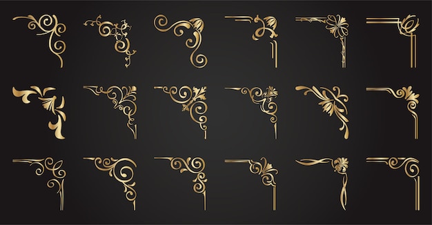 Ilustración de vector de marco de esquina decorativa. Esquinas y bordes antiguos. Adornos retro elegantes