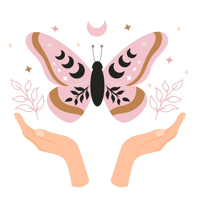 Ilustración de vector de mariposa celeste Polilla mística con fases lunares Insecto mágico