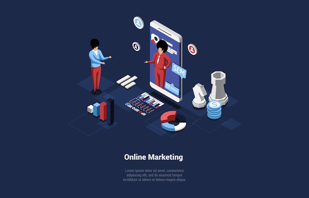Ilustración de vector de marketing online en estilo de dibujos animados 3D sobre fondo oscuro. Diseño isométrico conceptual. Mantenimiento de empresas modernas, comercio por Internet. Tecnología de venta profesional. Estrategia de trabajo