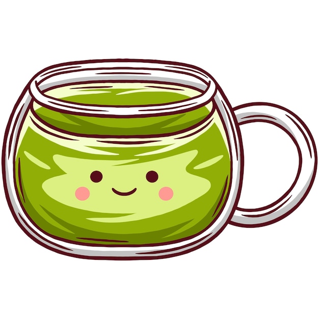 Ilustración de vector de matcha caliente kawaii con una cara sonriente