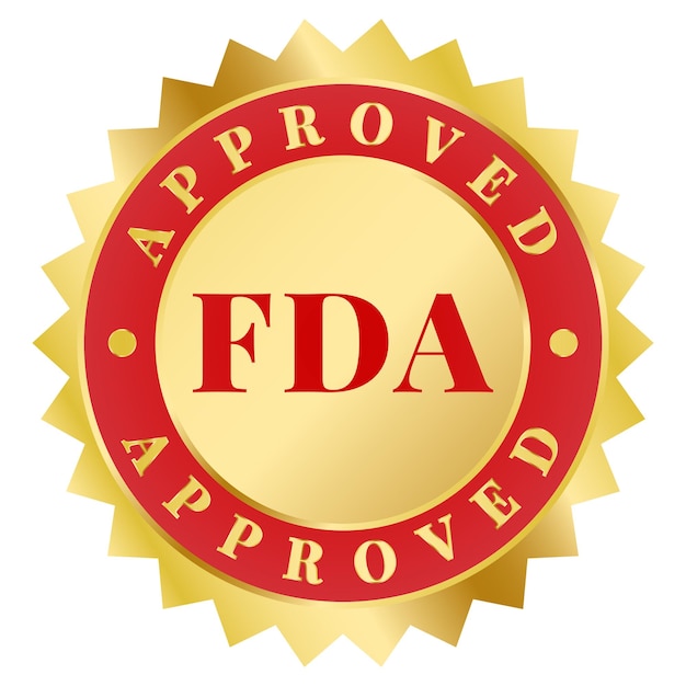 Ilustración de vector de medalla de sello aprobado por la FDA de oro y rojo