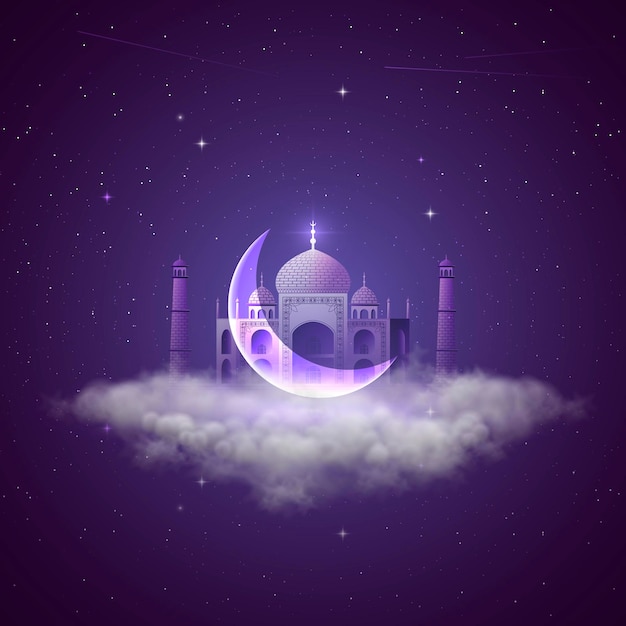 Ilustración de vector de mezquita musulmana en nubes con cielo púrpura con estrellas