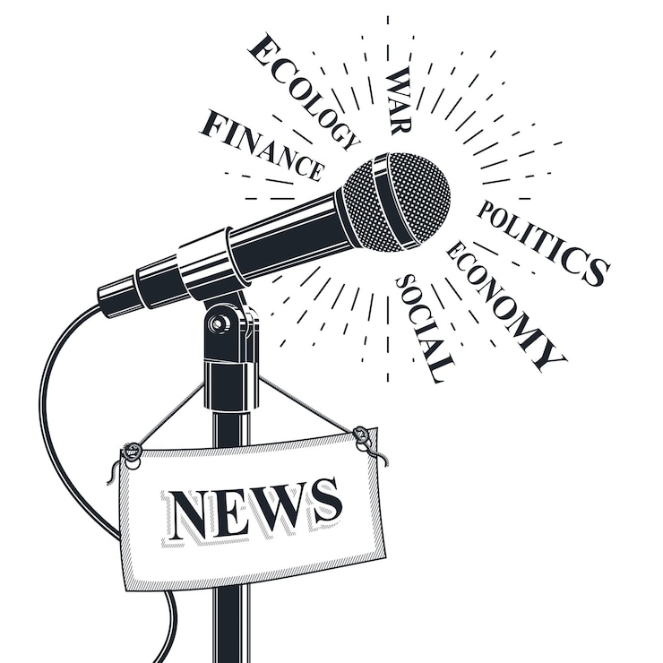 Vector ilustración de vector de micrófono 3d con etiqueta de noticias. concepto de relaciones públicas, anuncio social sobre tema político, económico y ecológico.