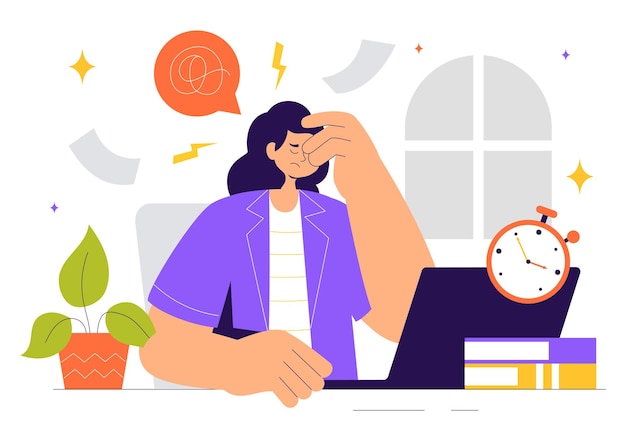 Ilustración del vector de la migraña de personas que sufren de dolores de cabeza, estrés y migrañas
