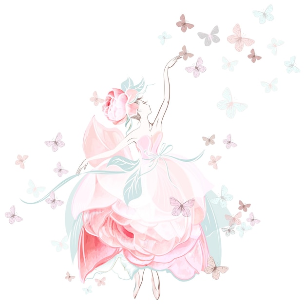 Ilustración de vector de moda con bailarina en vestido rosa rosa y mariposas