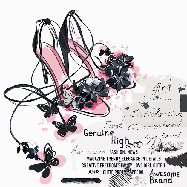 Ilustración de vector de moda de ropa con sandalias de zapatos con mariposas