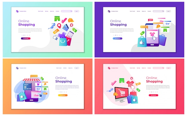 Ilustración de vector moderno de compras en línea y tiendas de compras. Concepto de diseño moderno de diseño de página web para sitio web y sitio web móvil.
