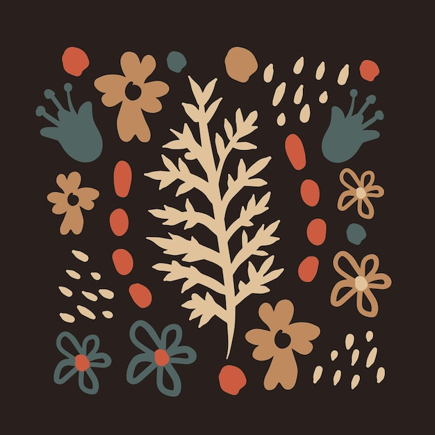 Ilustración de vector moderno floral de herbario en estilo escandinavo de doodle de moda