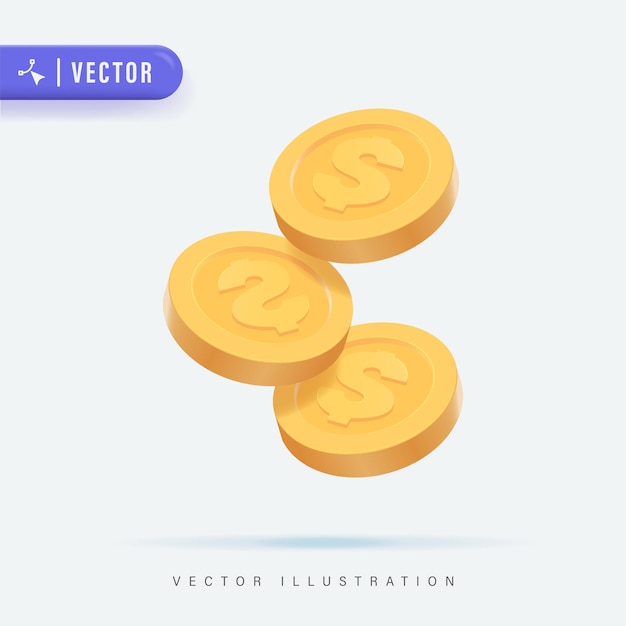 Ilustración de vector de moneda realista 3D. Moneda de oro 3d aislada en un fondo blanco. monedas de dólar estadounidense