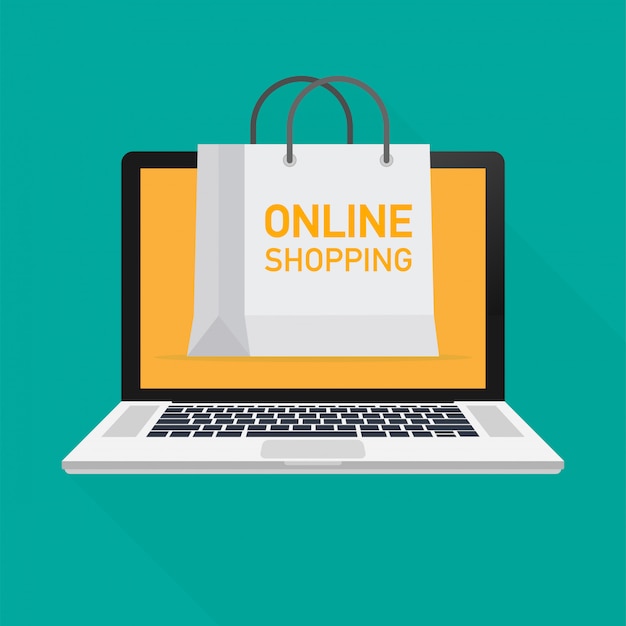 Ilustración de vector de monitor con tienda y tienda online de palabras. Ilustración vectorial
