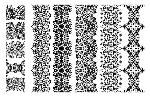Ilustración de vector monocromo hermoso con pinceles abstractos tribales sin costura conjunto aislado sobre fondo blanco
