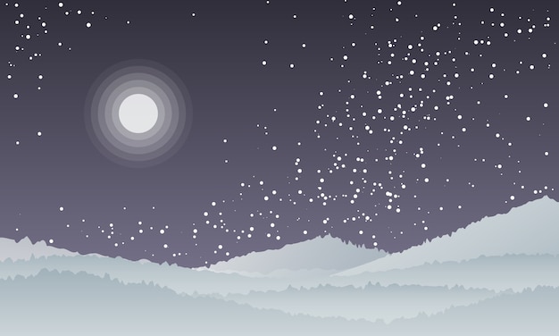 Ilustración de vector de montañas con luna y cielo negro