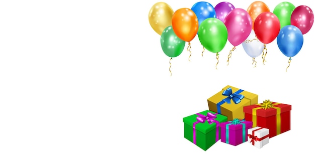 Ilustración de vector con montón de cajas de regalo de colores con cintas y lazos y globos multicolores sobre fondo blanco.