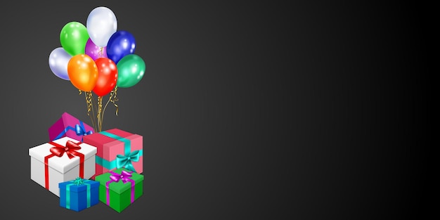 Ilustración de vector con montón de cajas de regalo de colores con cintas y lazos y globos multicolores sobre fondo negro