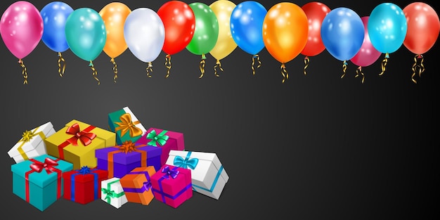Vector ilustración de vector con montón de cajas de regalo de colores con cintas y lazos y globos multicolores sobre fondo negro