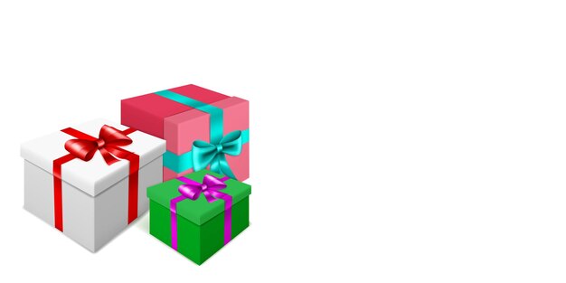 Ilustración de vector con montón de cajas de regalo de colores con cintas y lazos sobre fondo blanco