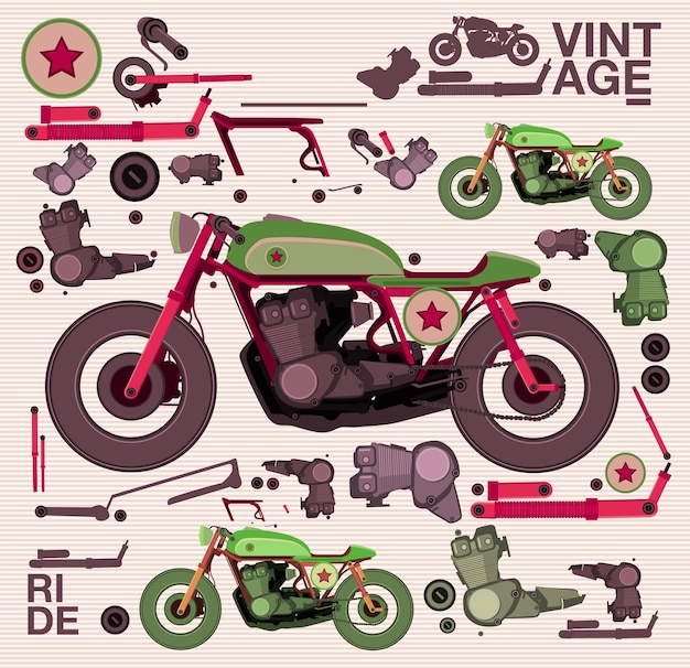 Ilustración de vector moto caferacer y las máquinas