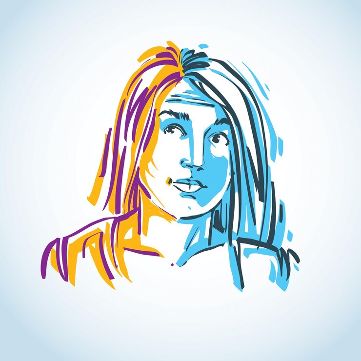 Vector ilustración de vector de mujer elegante joven, imagen de arte. retrato colorido de dama atractiva, rasgos faciales y emociones de personalidad.