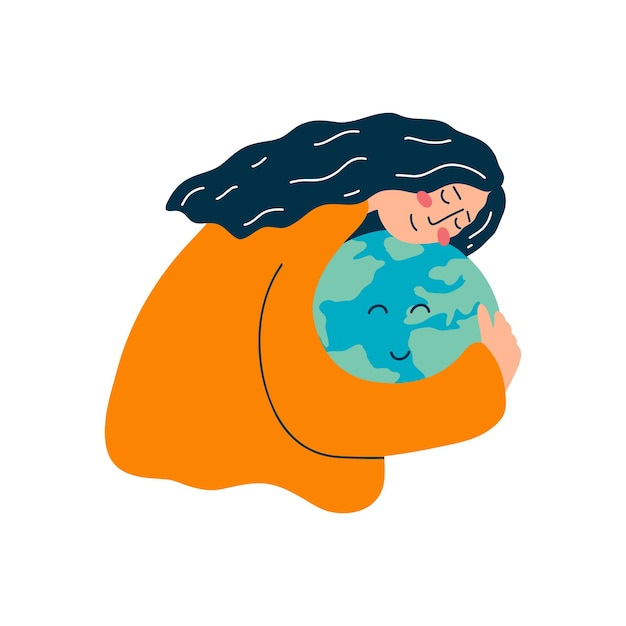 Ilustración de vector de mujer joven abraza globo terráqueo en estilo plano de dibujos animados protegiendo el planeta