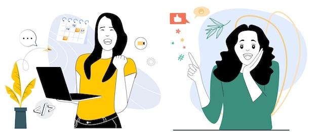 Ilustración de vector de mujer joven feliz diseño conjunto ilustración de elemento de fondo de vector