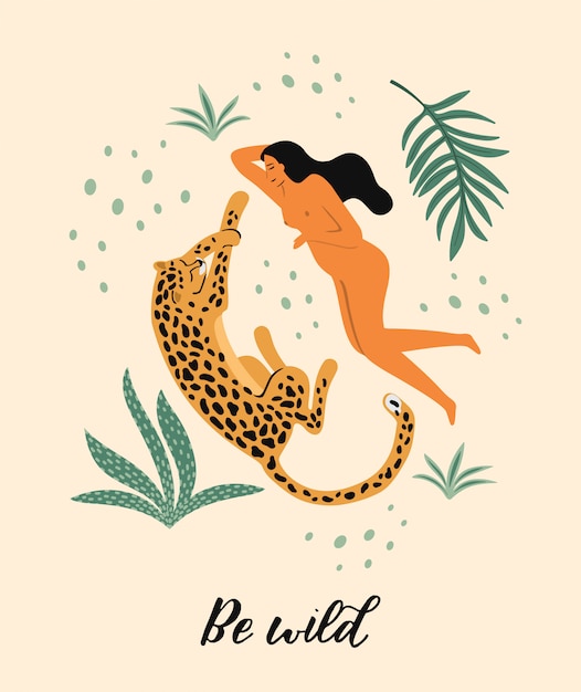 Ilustración de vector de mujer con leopardo.