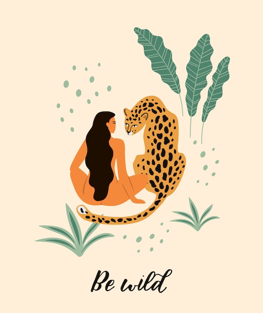 Ilustración de vector de mujer con leopardo.