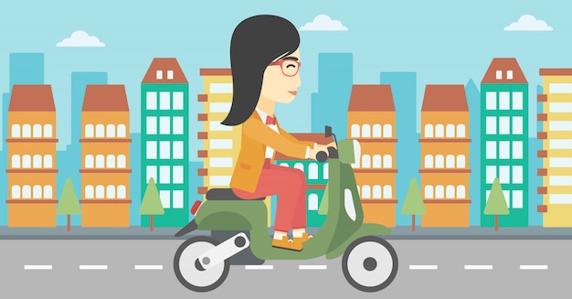 Ilustración de vector de mujer montar scooter.