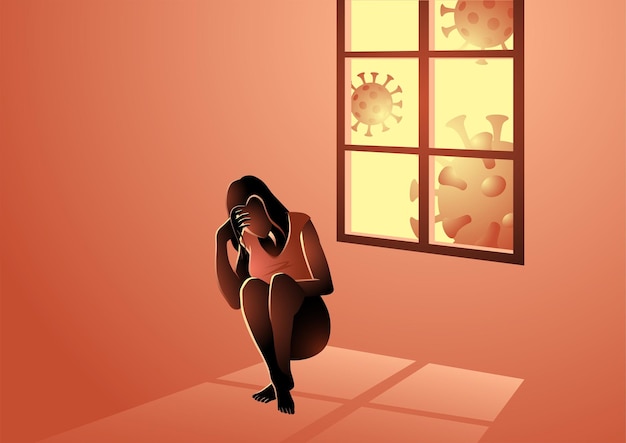 Ilustración de vector de mujer sentada debajo de la ventana frustrada debido a la pandemia de coronavirus