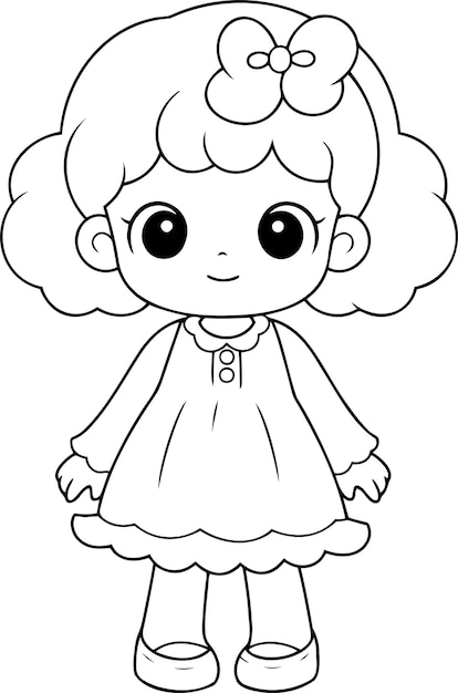 Vector ilustración de vector de muñeca contorno en blanco y negro libro para colorear de muñeca o página para niños