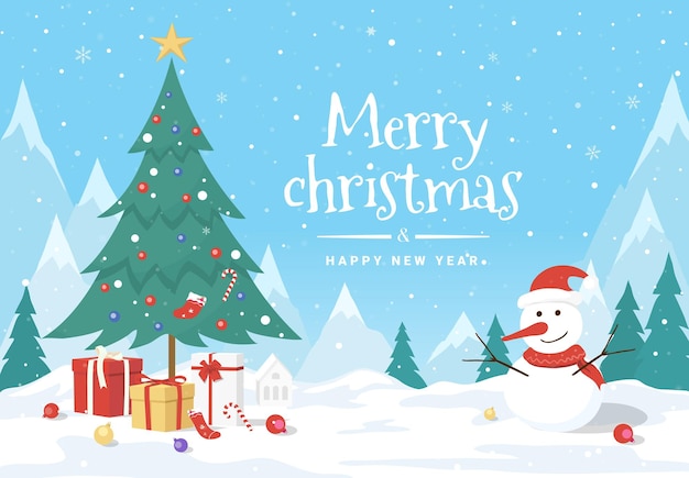 Ilustración de vector con muñeco de nieve y cajas de regalo de feliz Navidad y próspero año nuevo.