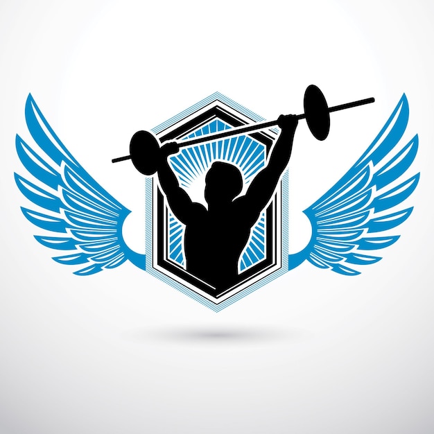 Ilustración de vector de musculoso culturista con barra. Competición de levantamiento de potencia, silueta de cuerpo de campeón.