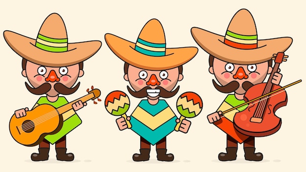 Ilustración de vector de músicos mexicanos con tres hombres con guitarras en ropa nativa y sombrero ilustración vectorial plana