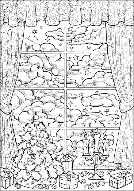 Ilustración de vector de Navidad y año nuevo con ventana de nubes decoradas coníferas y regalos