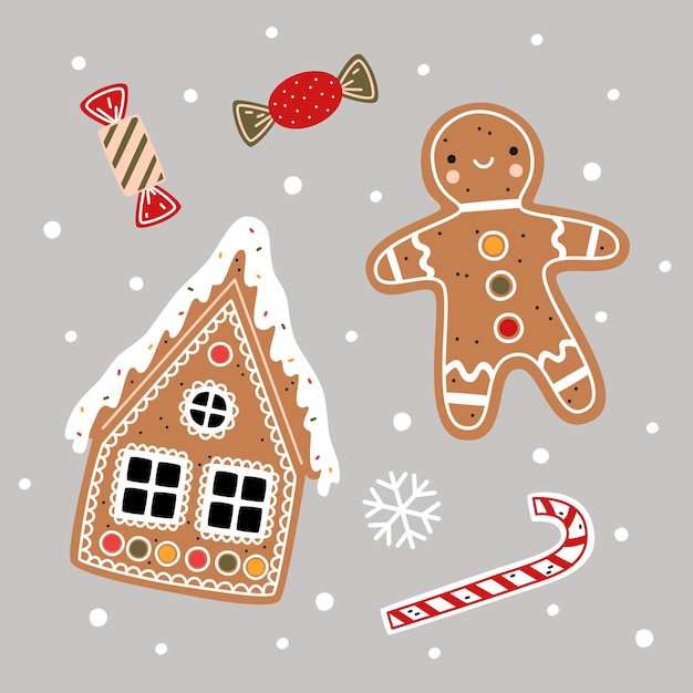 Ilustración de vector de Navidad. Casa de pan de jengibre, hombre de jengibre, bastón de caramelo y caramelos en estilo de dibujos animados plana. Elementos decorativos de año nuevo