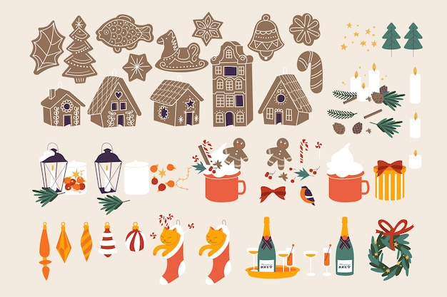 Ilustración de vector de navidad conjunto con invierno estacional y atributos tradicionales de navidad felices fiestas ...