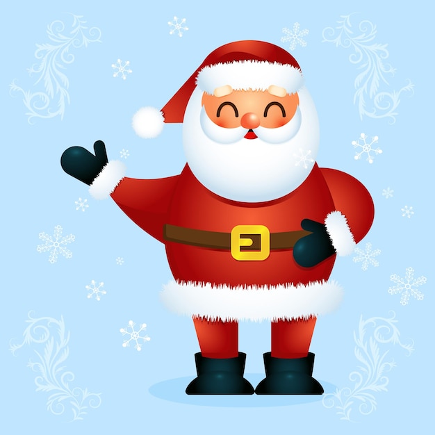 Ilustración de vector de Navidad. Dibujos animados divertidos Papá Noel con sombrero rojo sosteniendo las manos en alto le desea feliz Navidad Ideal para tarjetas de Navidad y año nuevo, carteles, etiquetas de regalo, decoración de sitios web