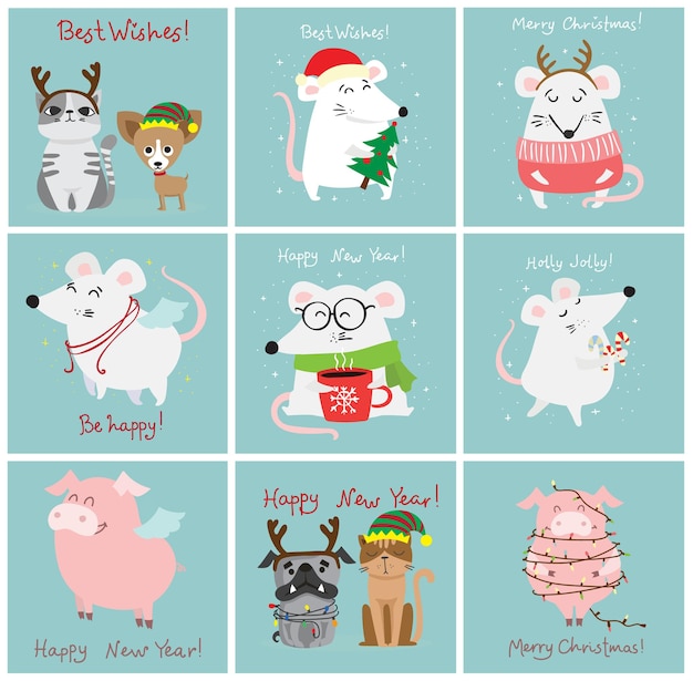 Ilustración de vector de navidad gatos, ratas, cerdos y perros con saludos de navidad y año nuevo. lindas mascotas con sombreros navideños