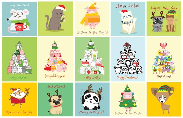 Ilustración de vector de Navidad gatos, ratas, cerdos y perros con saludos de Navidad y año nuevo. Lindas mascotas con sombreros navideños
